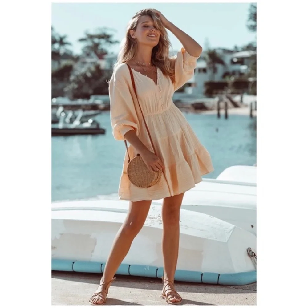 CLEARANCE Peach Tiered Ruffle Button Neck Mini Dress - Picture 4 of 5
